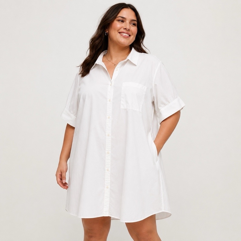 Old Navy 4X White Cotton Button Front Shirt Dress Oversized Short Sleeve Plus